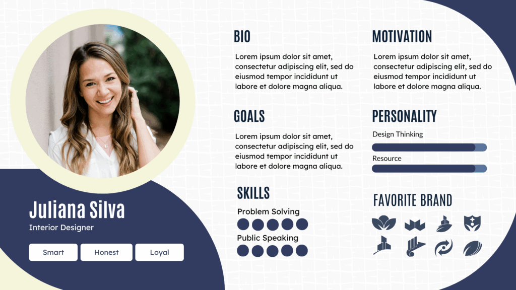 Persona Exemple de fiche persona utilisateur avec photo, objectifs, motivations et préférences