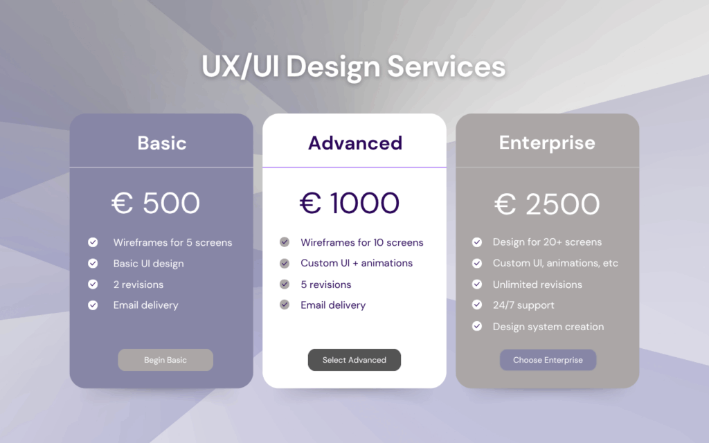 Wireframes Comparatif de forfaits pour services de design UX/UI